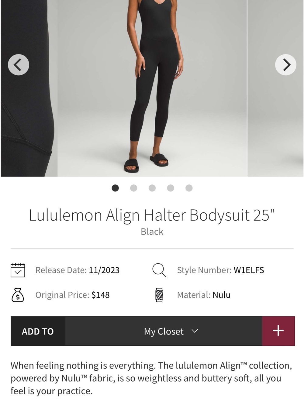 lululemon Align Halter Bodysuit 25” Size 14- Black